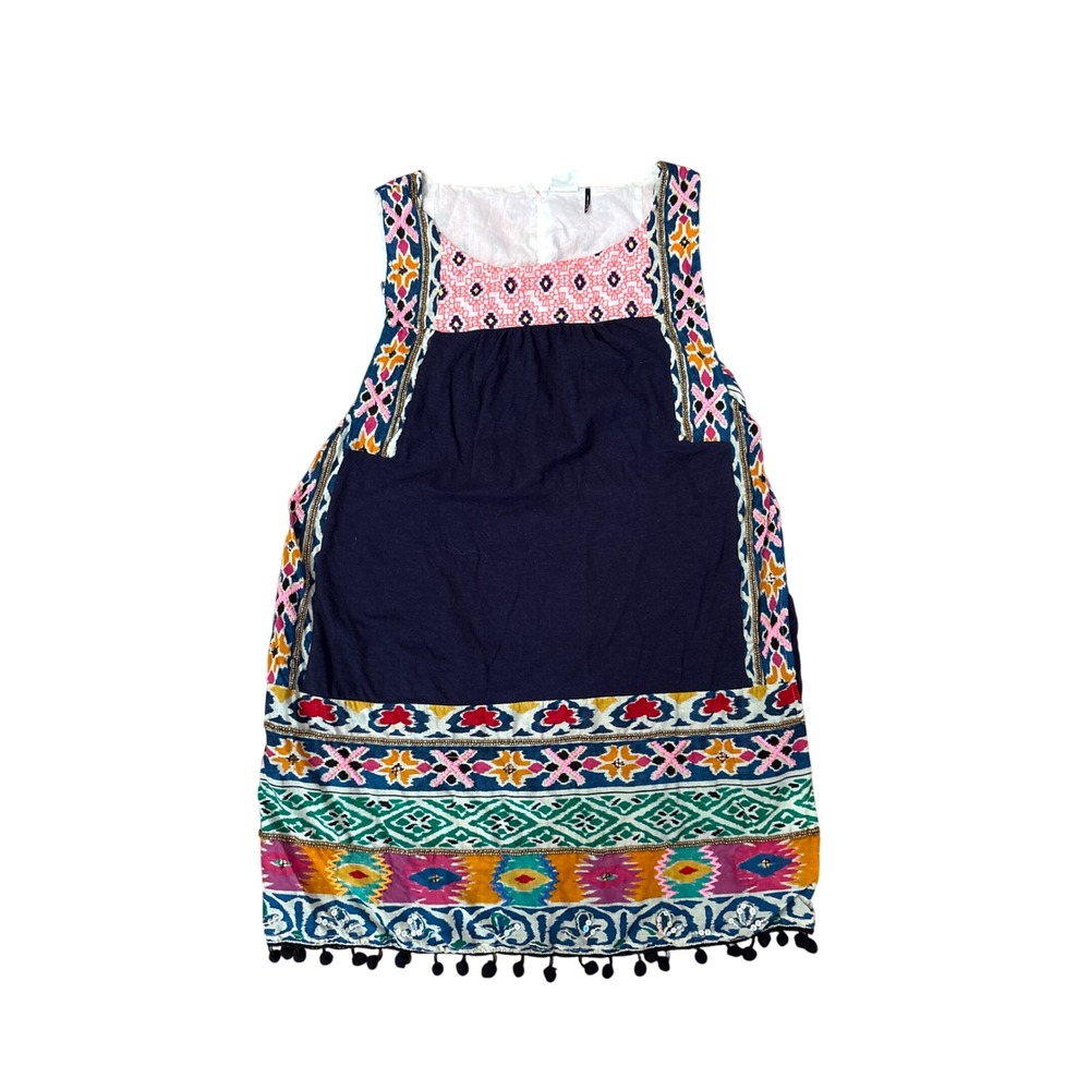 Akemi + Kin Mini Dress Women Navy Blue Boho Embroidered Pom Pom SIZE XS
